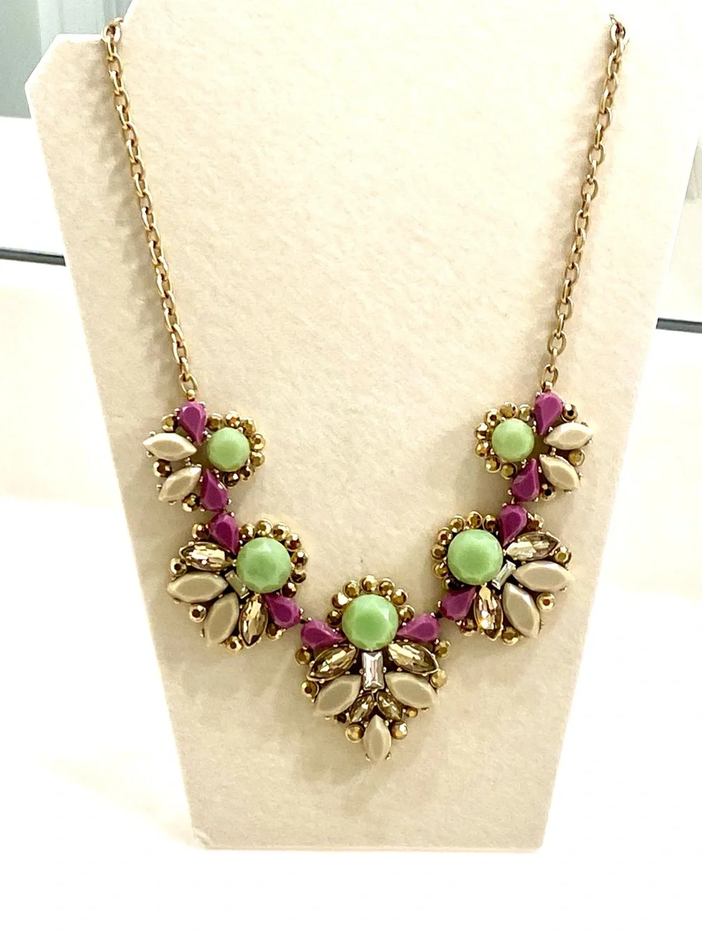 J. Crew Gold-Tone Floral Bib Necklace with Mint Green, Purple, and Cream Accents